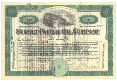 Sunset Pacific Oil Company Stock Certificate