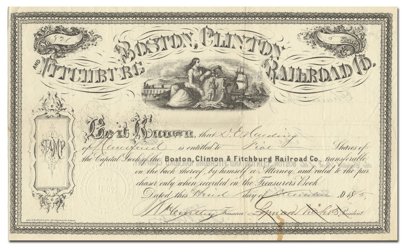 Boston, Clinton and Fitchburg Railroad Company Stock Certificate