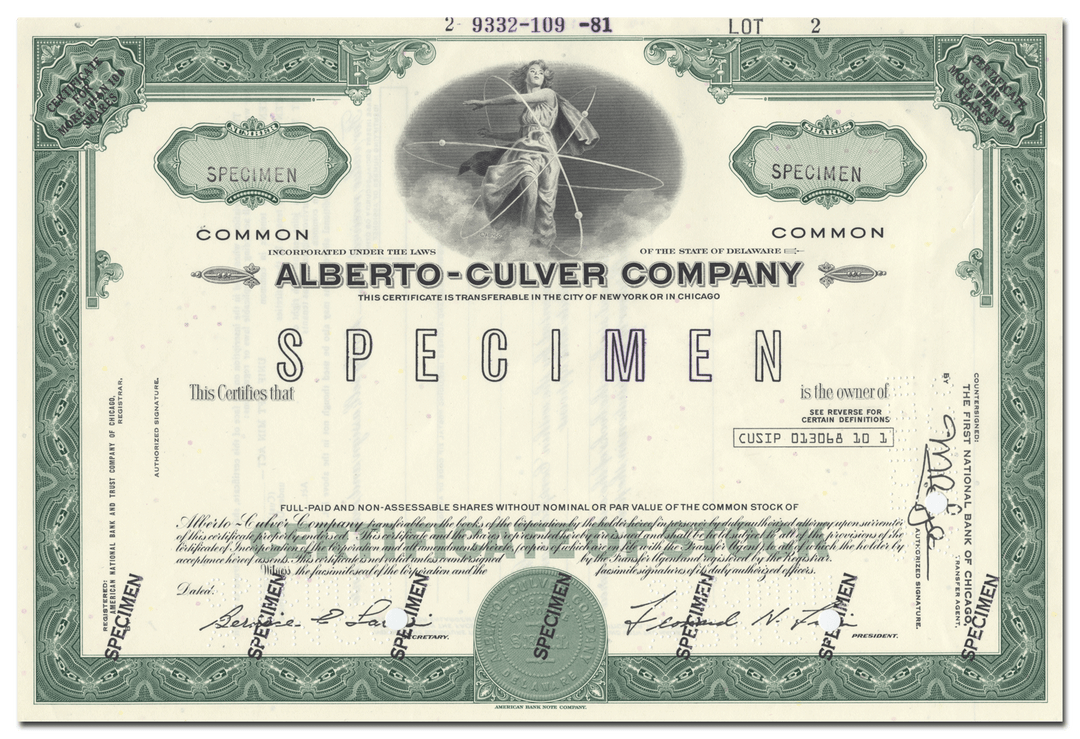 Alberto-Culver Company Specimen Stock Certificate