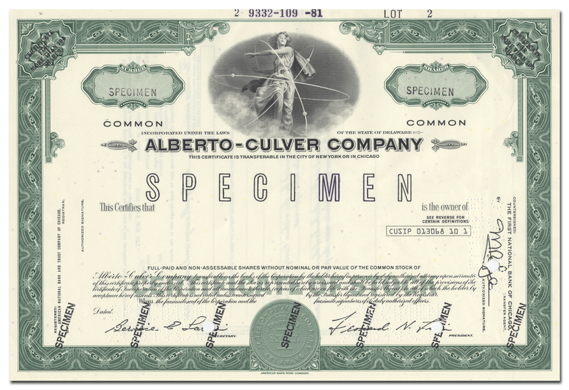 Alberto-Culver Company Specimen Stock Certificate