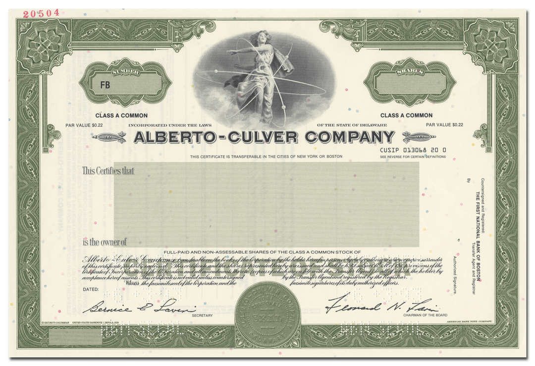 Alberto-Culver Company Specimen Stock Certificate