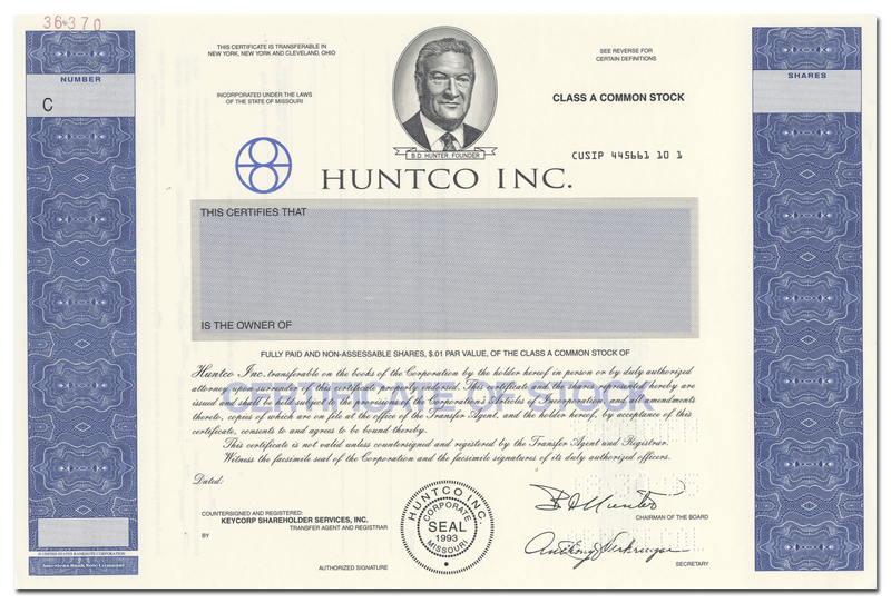 Huntco Inc. Specimen Stock Certificate