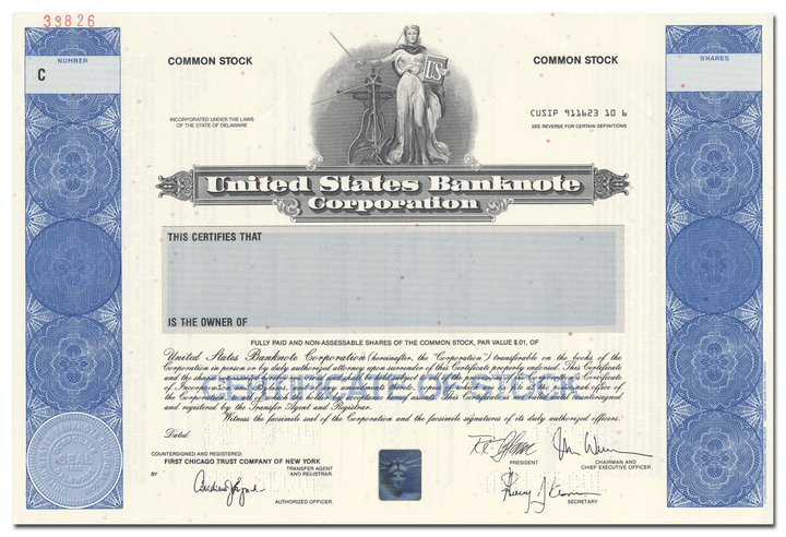 United States Banknote Corporation Specimen Stock Certificate