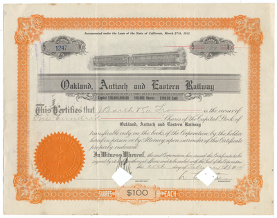 Oakland, Antioch and Eastern Railway Stock Certificate