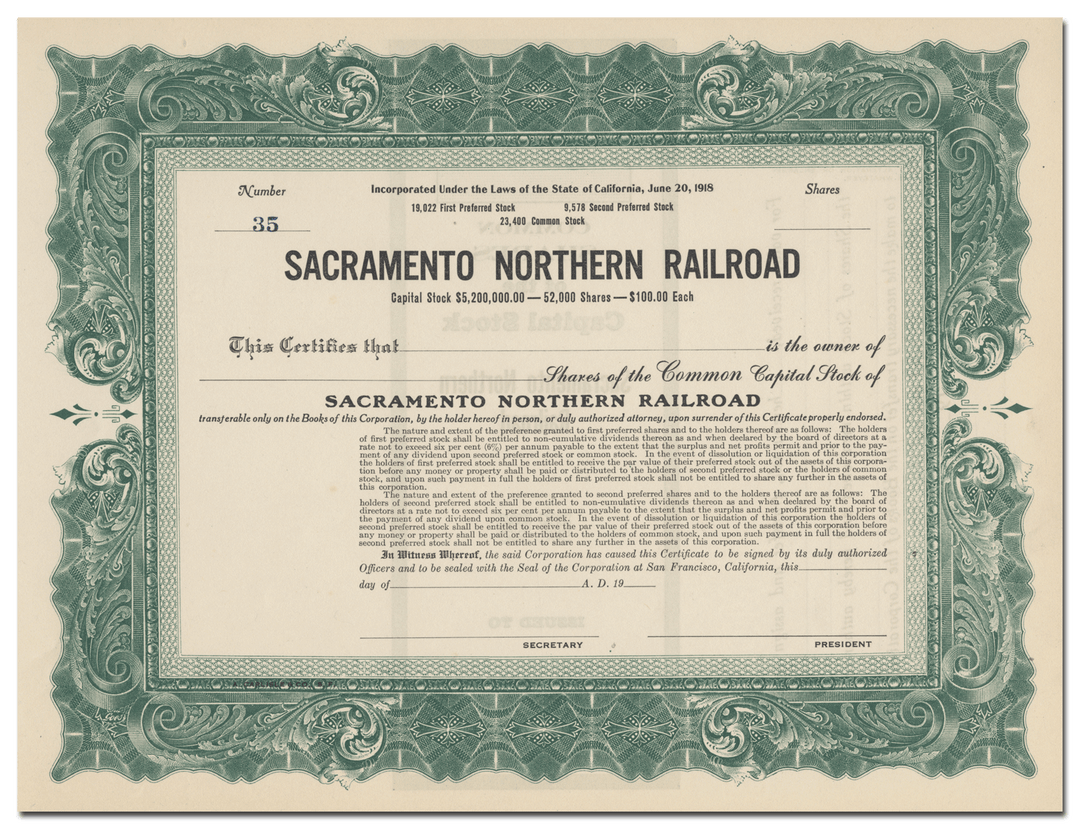 Sacramento Northern Railroad Stock Certificate