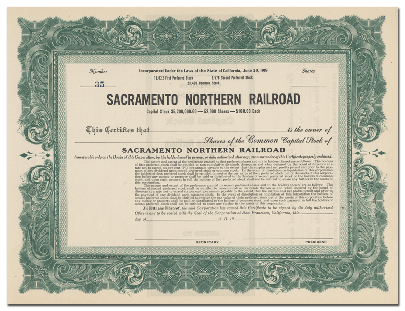 Sacramento Northern Railroad Stock Certificate