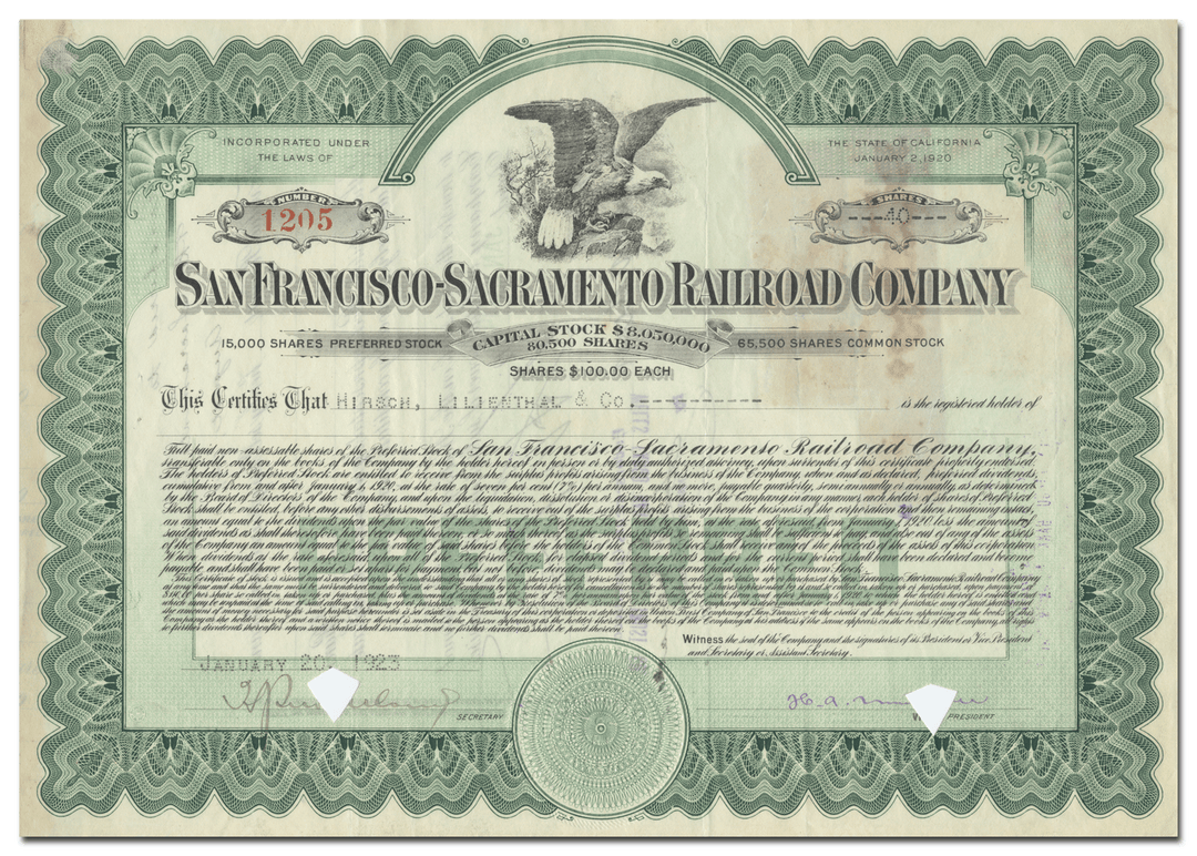 San Francisco-Sacramento Railroad Company Stock Certificate