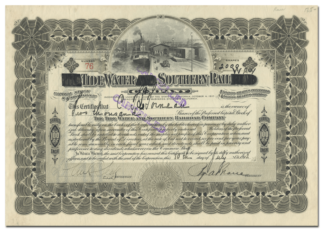 Tidewater Southern Railway Company Stock Certificate