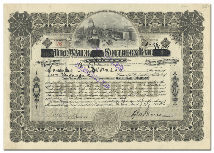 Tidewater Southern Railway Company Stock Certificate