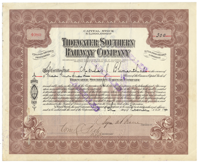 Tidewater Southern Railway Company Stock Certificate
