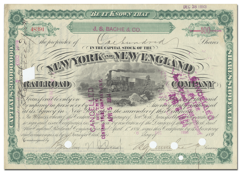 New York and New England Railroad Company Stock Certificate