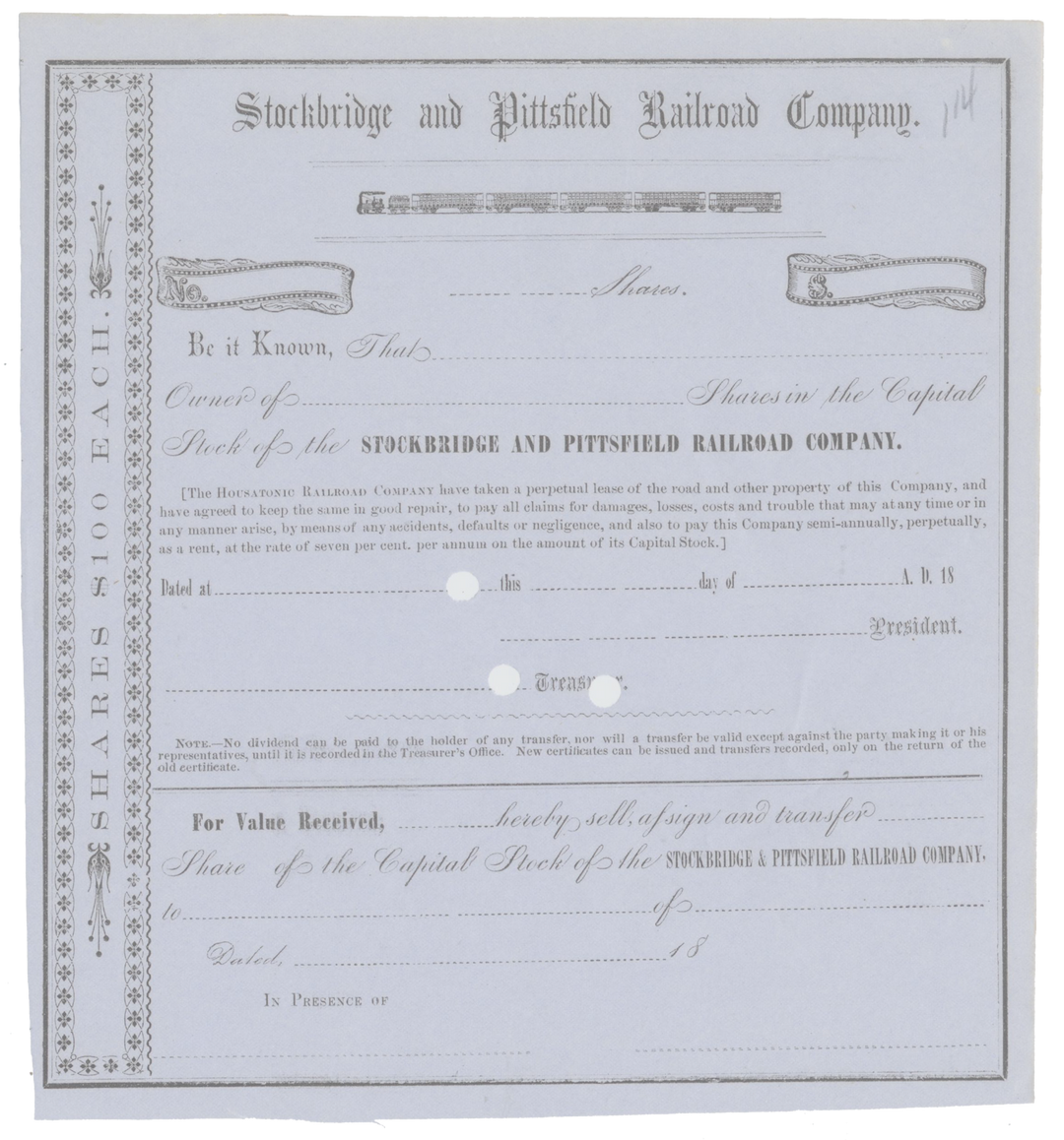 Stockbridge and Pittsfield Railroad Company Stock Certificate