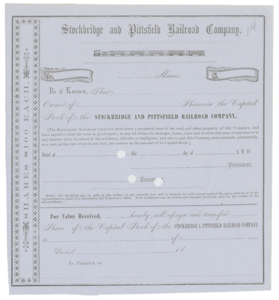 Stockbridge and Pittsfield Railroad Company Stock Certificate