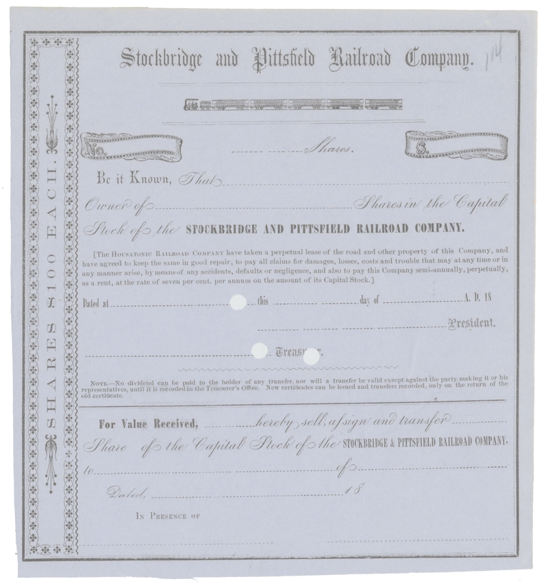 Stockbridge and Pittsfield Railroad Company Stock Certificate