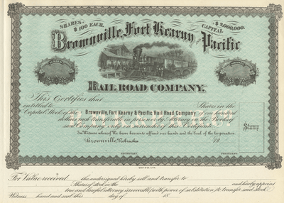 Brownville, Fort Kearny and Pacific Rail Road Company Stock Certificate