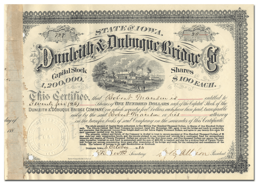 Dunleith & Dubuque Bridge Company Stock Certificate