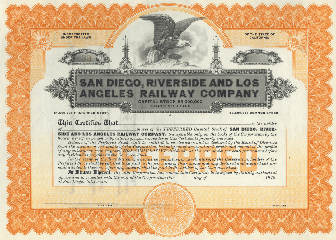 San Diego, Riverside and Los Angeles Railway Company Stock Certificate