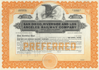 San Diego, Riverside and Los Angeles Railway Company Stock Certificate