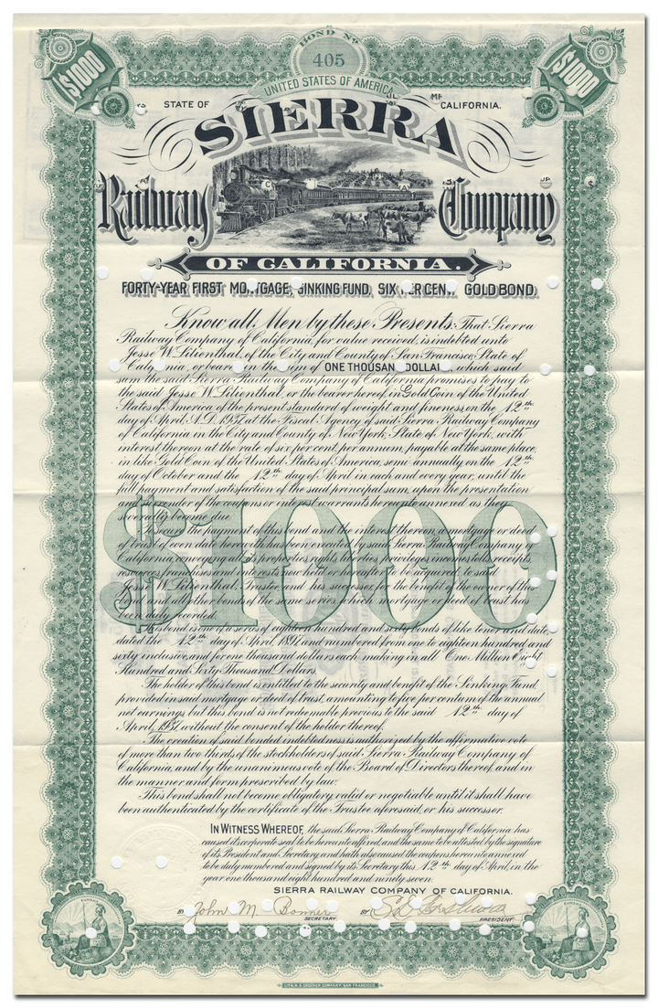 Sierra Railway Company of California Bond Certificate