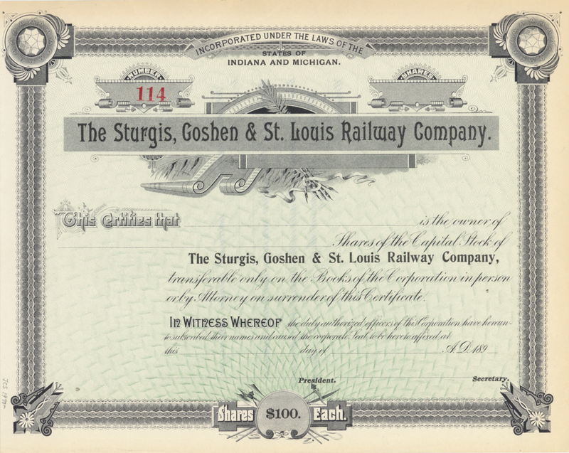 Sturgis, Goshen & St. Louis Railway Company Stock Certificate