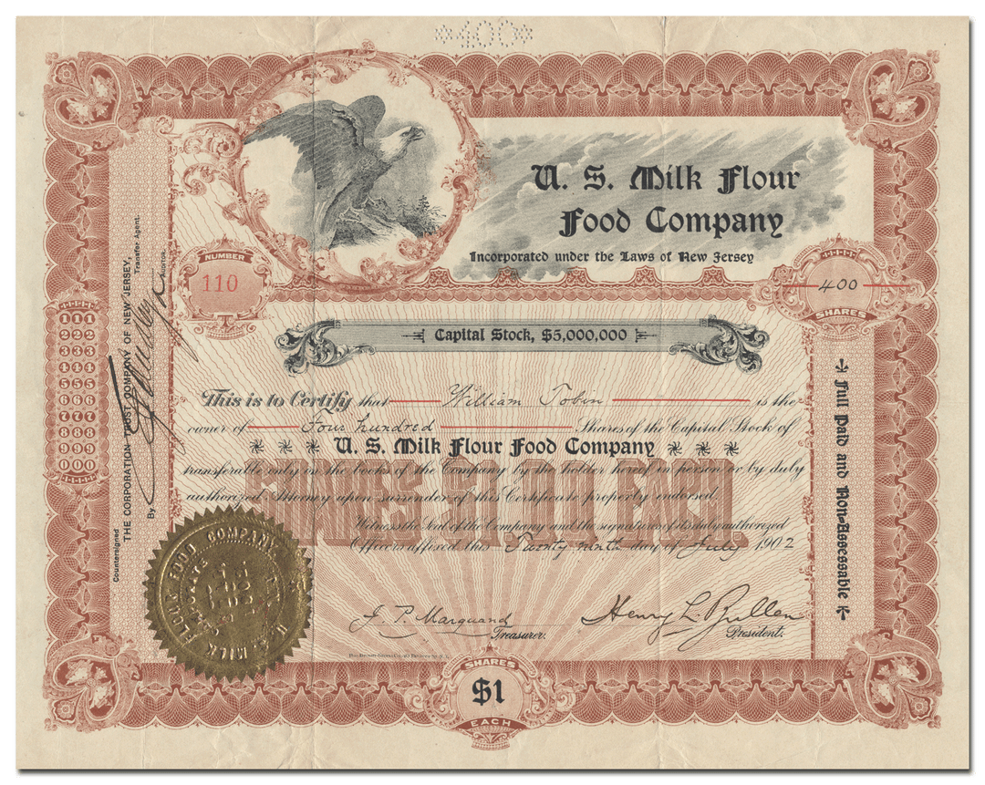 U. S. Milk Flour Food Company Stock Certificate