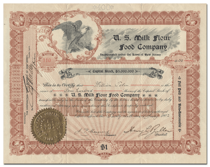 U. S. Milk Flour Food Company Stock Certificate