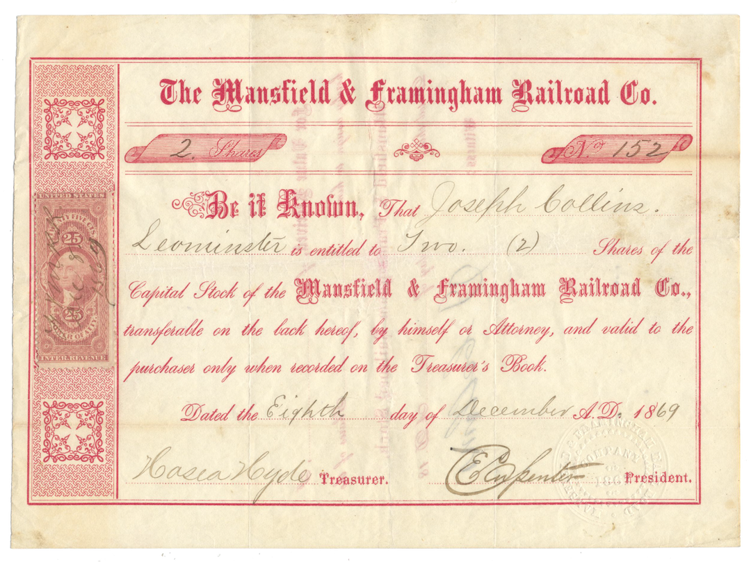 Mansfield & Framingham Railroad Co. Stock Certificate