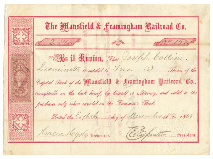 Mansfield & Framingham Railroad Co. Stock Certificate