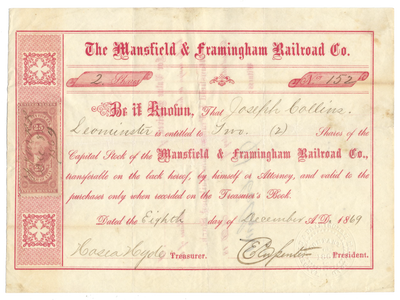 Mansfield & Framingham Railroad Co. Stock Certificate
