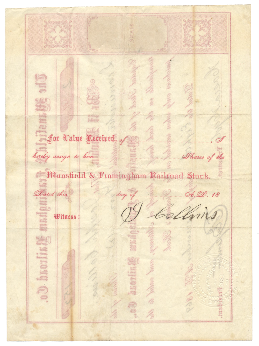 Mansfield & Framingham Railroad Co. Stock Certificate