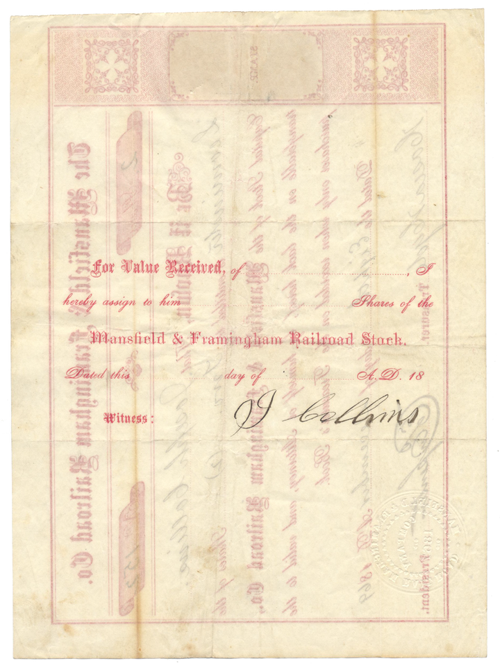 Mansfield & Framingham Railroad Co. Stock Certificate