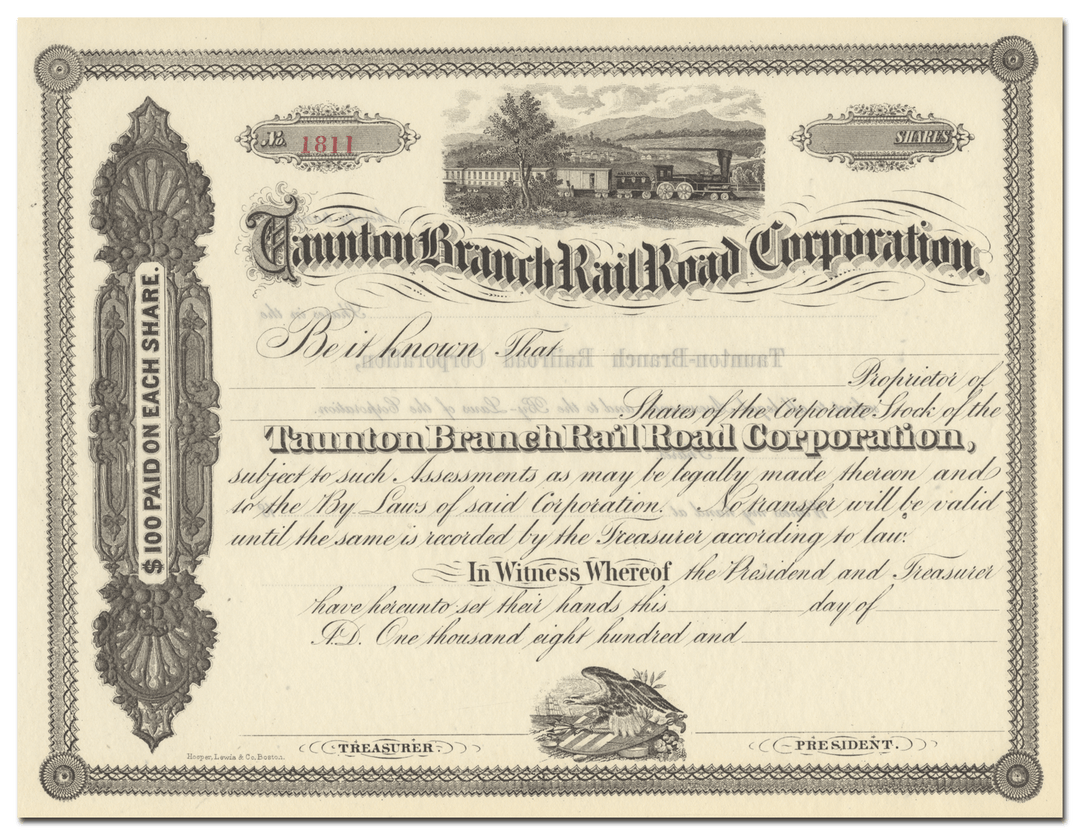 Taunton Branch Rail Road Corporation Stock Certificate