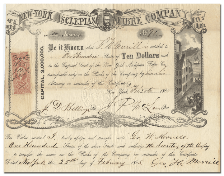 New-York Aselepias Fibre Company Stock Certificate