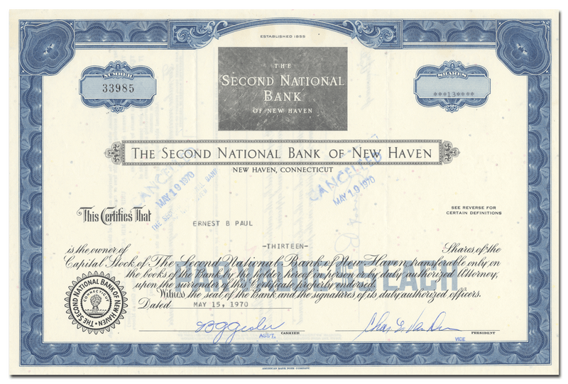 Second National Bank of New Haven Stock Certificate