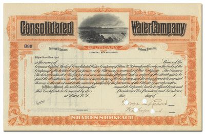 Consolidated Water Company of Utica, N. Y. Stock Certificate