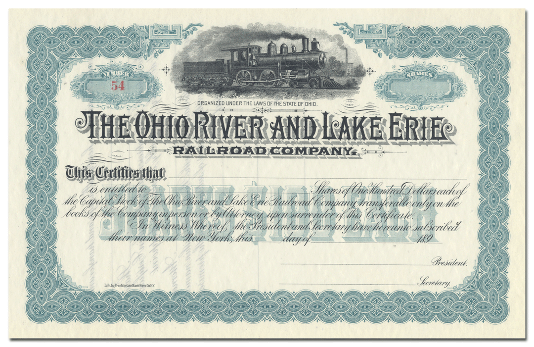 Ohio River and Lake Erie Railroad Company Stock Certificate