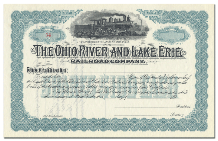 Ohio River and Lake Erie Railroad Company Stock Certificate