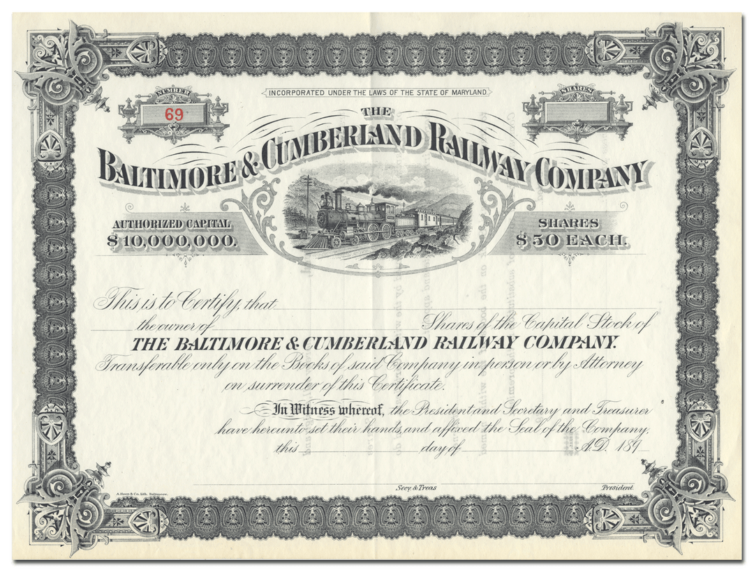 Baltimore & Cumberland Railway Company Stock Certificate