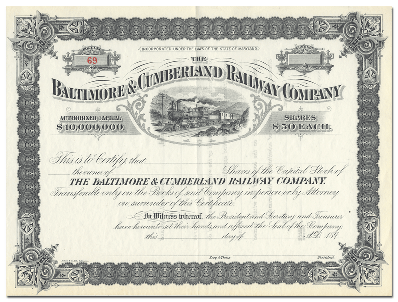 Baltimore & Cumberland Railway Company Stock Certificate