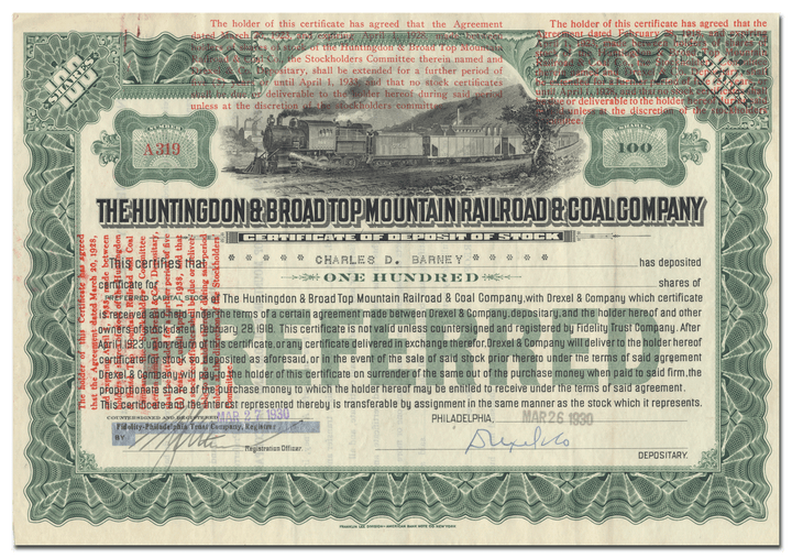 Huntingdon & Broad Top Mountain Railroad & Coal Company Stock Certificate Issued to Charles D. Barney