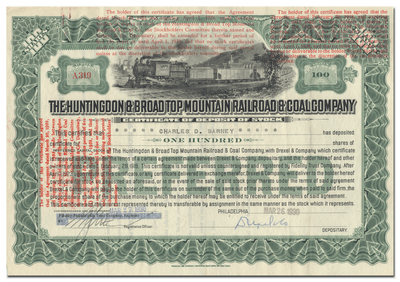 Huntingdon & Broad Top Mountain Railroad & Coal Company Stock Certificate Issued to Charles D. Barney