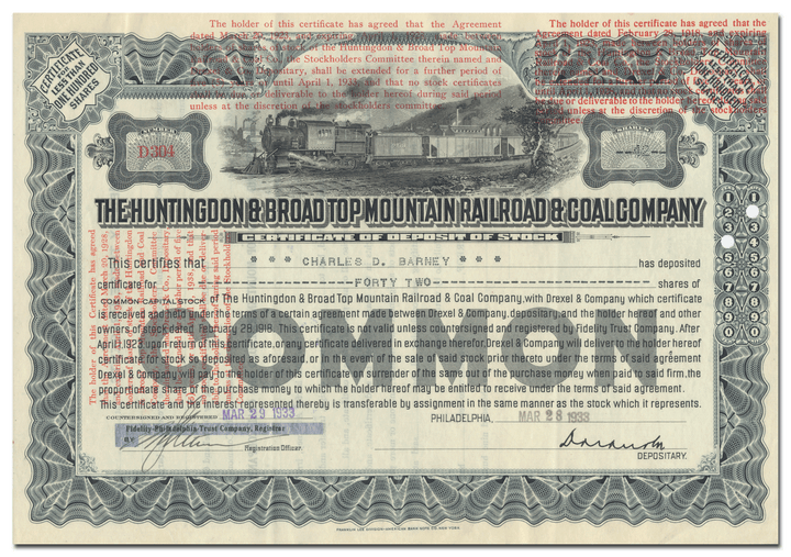 Huntingdon & Broad Top Mountain Railroad & Coal Company Stock Certificate Issued to Charles D. Barney