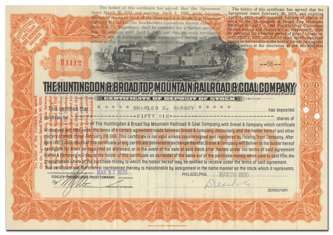 Huntingdon & Broad Top Mountain Railroad & Coal Company Stock Certificate Issued to Charles D. Barney