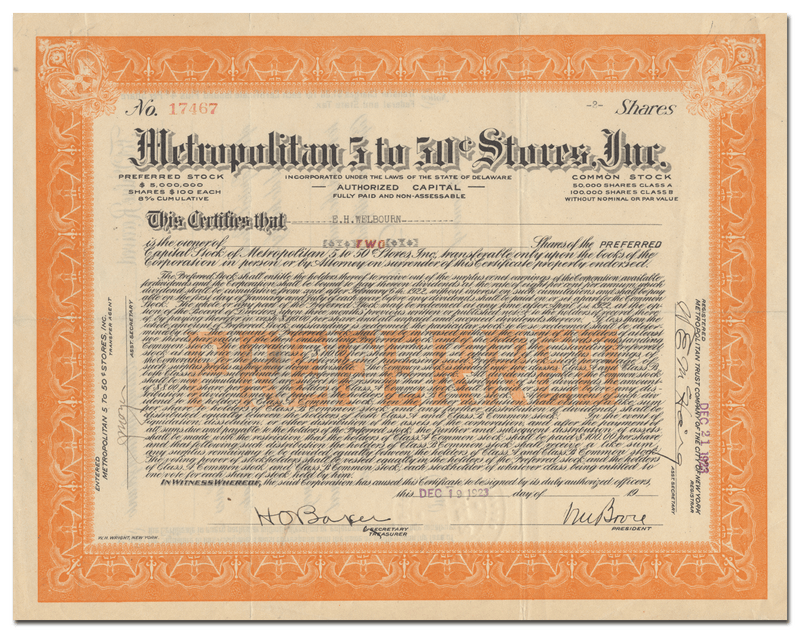 Metropolitan 5 to 50 Cent Stores, Inc. Stock Certificate