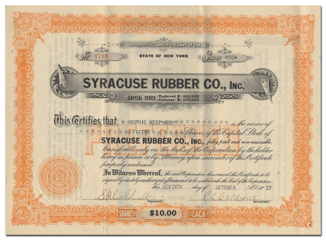 Syracuse Rubber Co., Inc. Stock Certificate