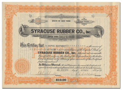 Syracuse Rubber Co., Inc. Stock Certificate