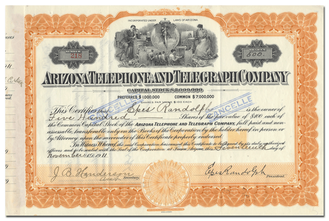 Arizona Telephone and Telegraph Company Stock Certificate