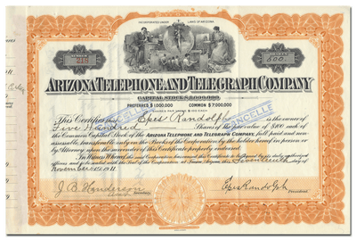 Arizona Telephone and Telegraph Company Stock Certificate