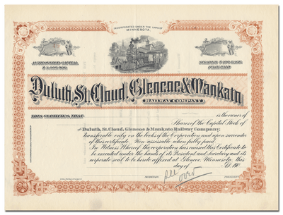 Duluth, St. Cloud, Glencoe & Mankato Railway Company Stock Certificate