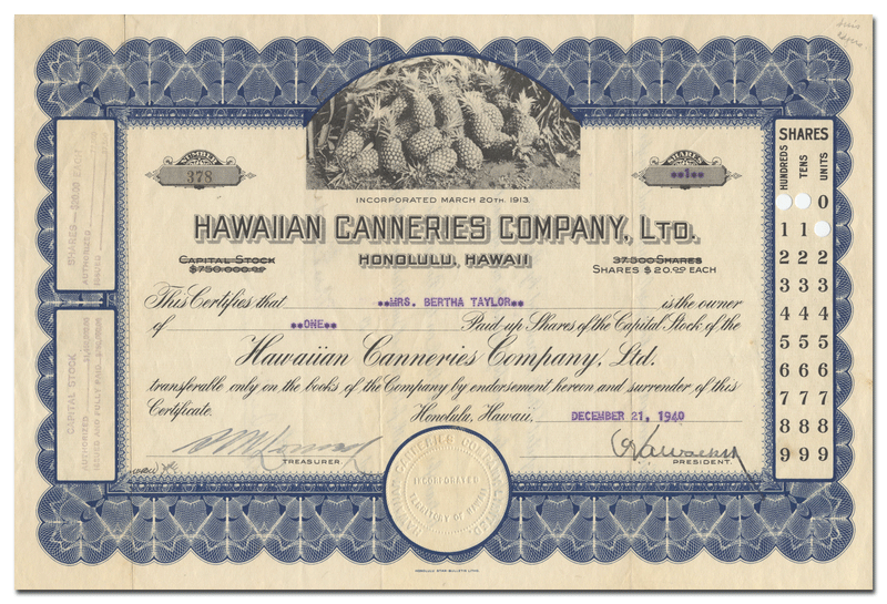 Hawaiian Canneries Company, Ltd. Stock Certificate